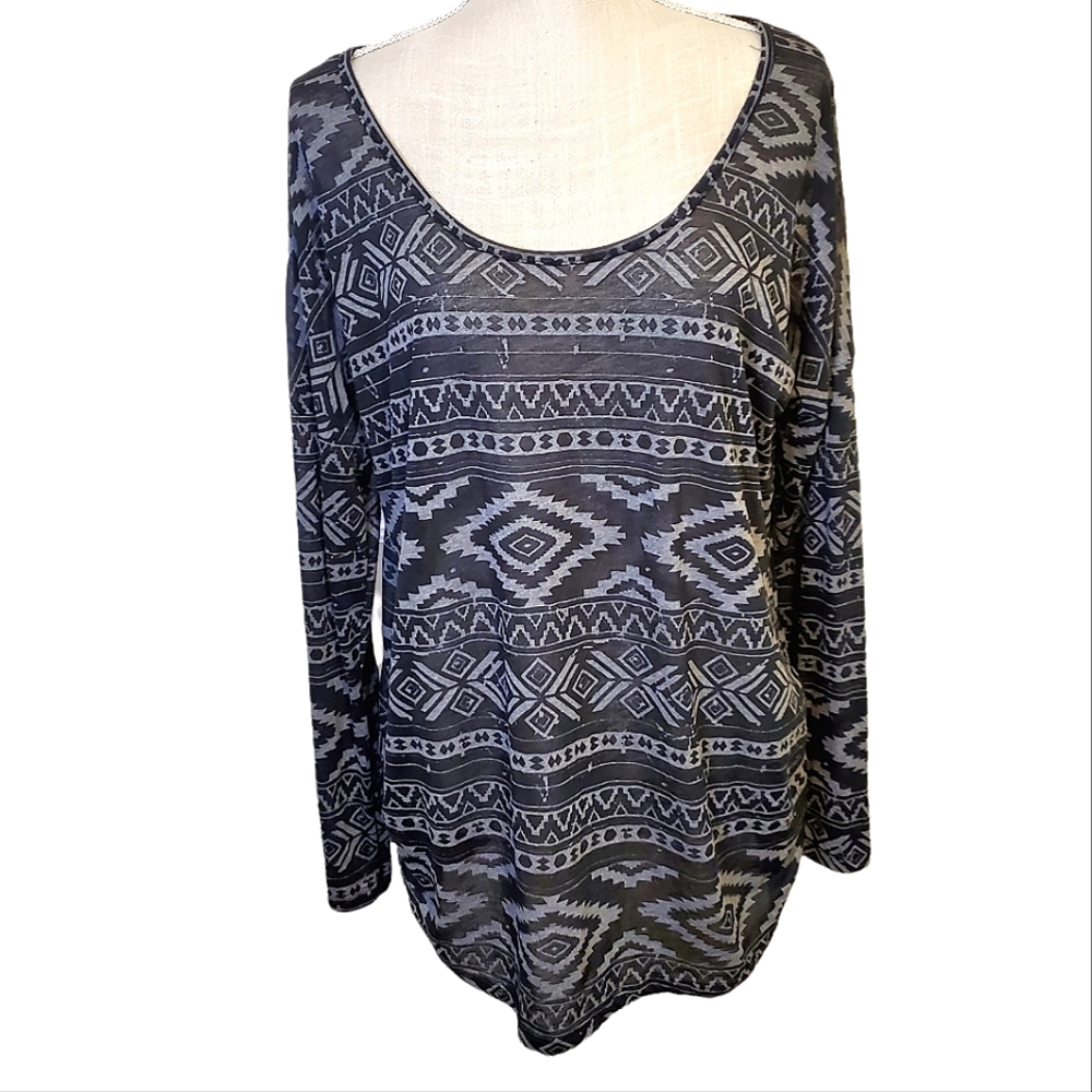 MAURICES | Women's black and gray multi-pattern stripe semi-sheer top. Size 1X.